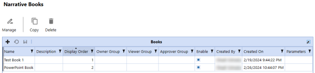 Narrative Books Admin page showcasing a grid with Narrative Books listed.